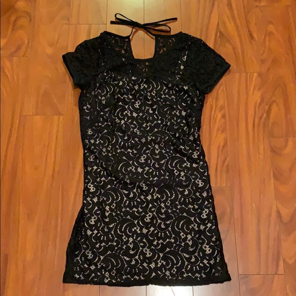 LOFT Black Lace Shift Dress with Tie Back